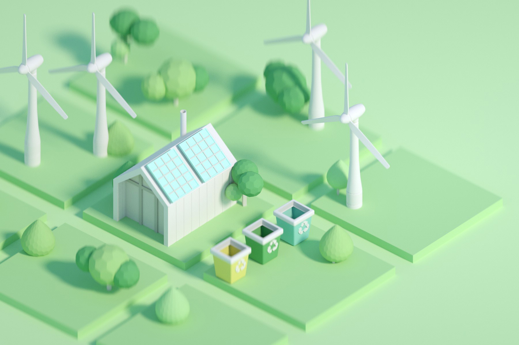 3d rendered illustration cartoon style, future ecological environment concept, passive house with energy saving and energy efficiency solar panels, wind mills on backround . low poly, space for text